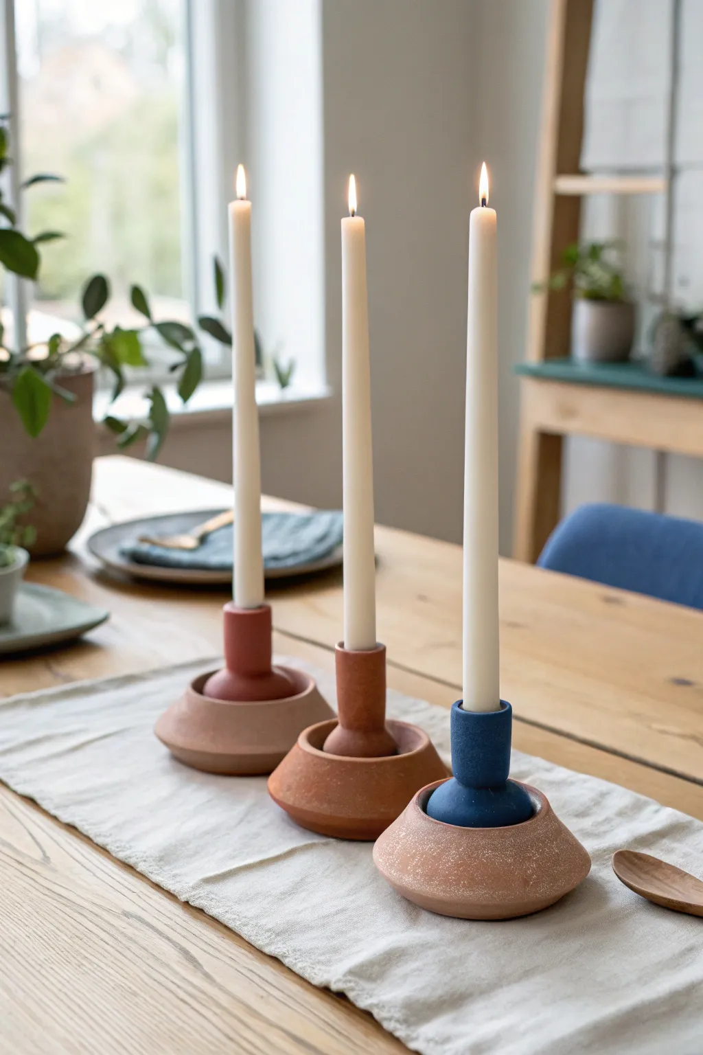 Three modern clay taper holders, mismatched yet harmonious, for a bold minimalist table moment