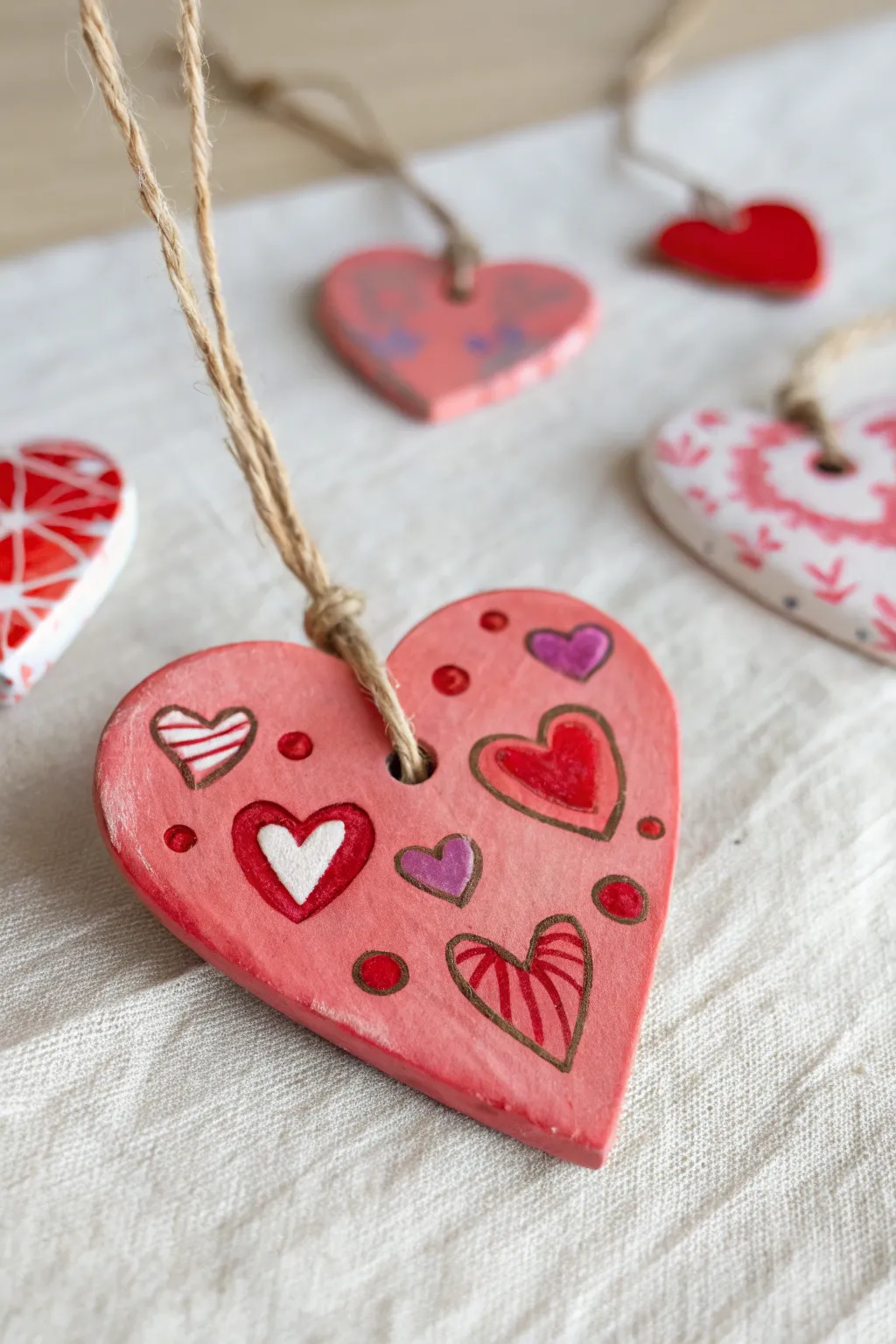 Sweet beaded heart clay ornament in bold pinks and reds, perfect for kids to make and hang.