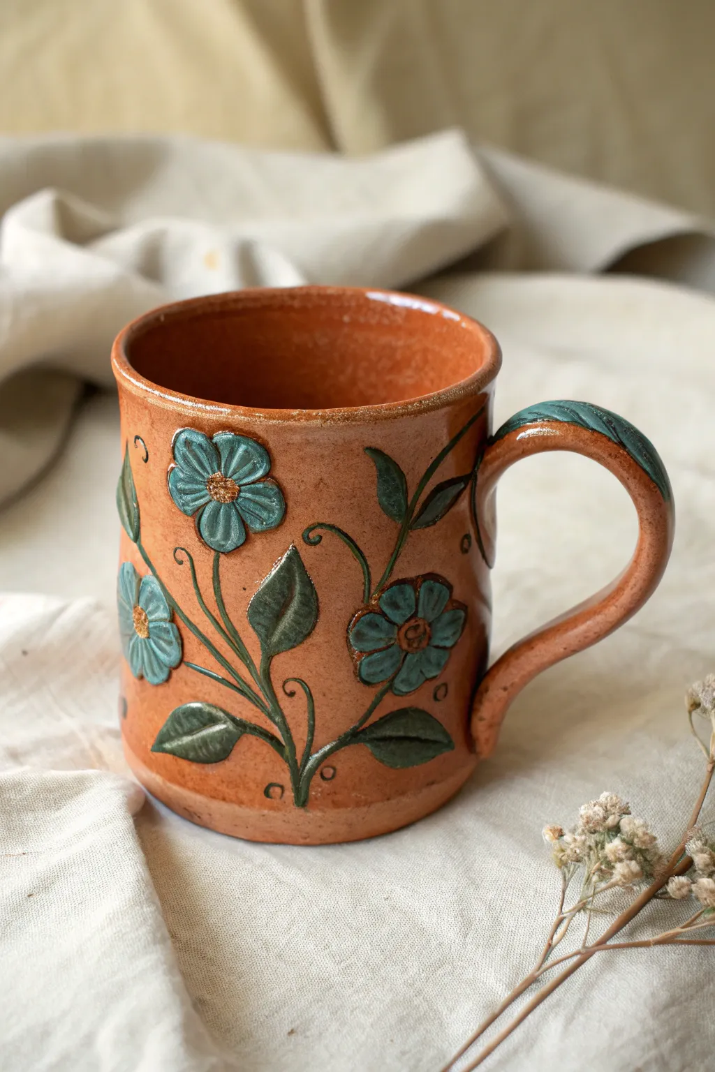 A bold yet minimal mug with raised floral appliqué details that stay crisp under a simple glaze.