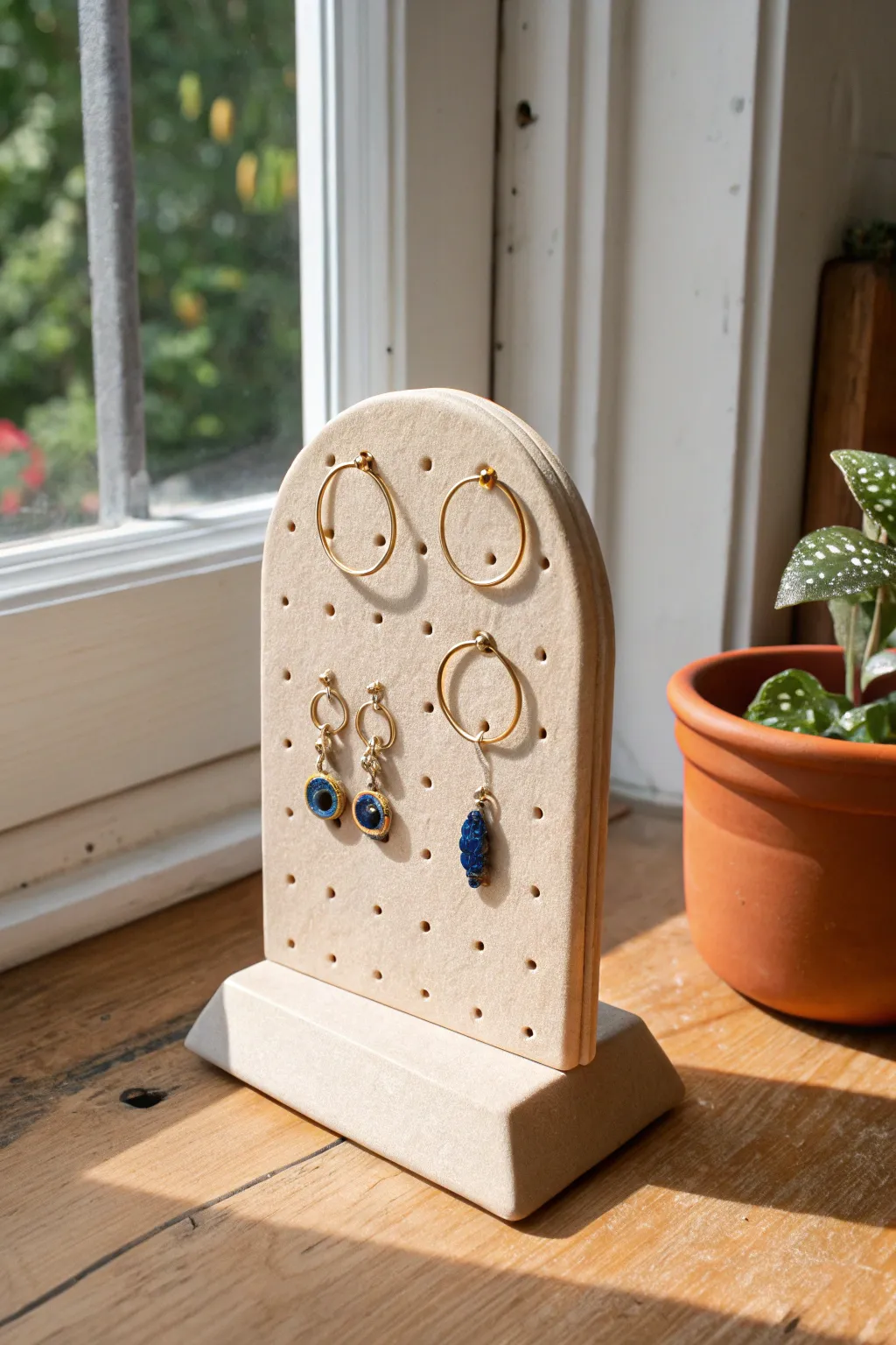 Minimalist arched clay earring organizer with neat holes, a few hoops, and bold color contrast