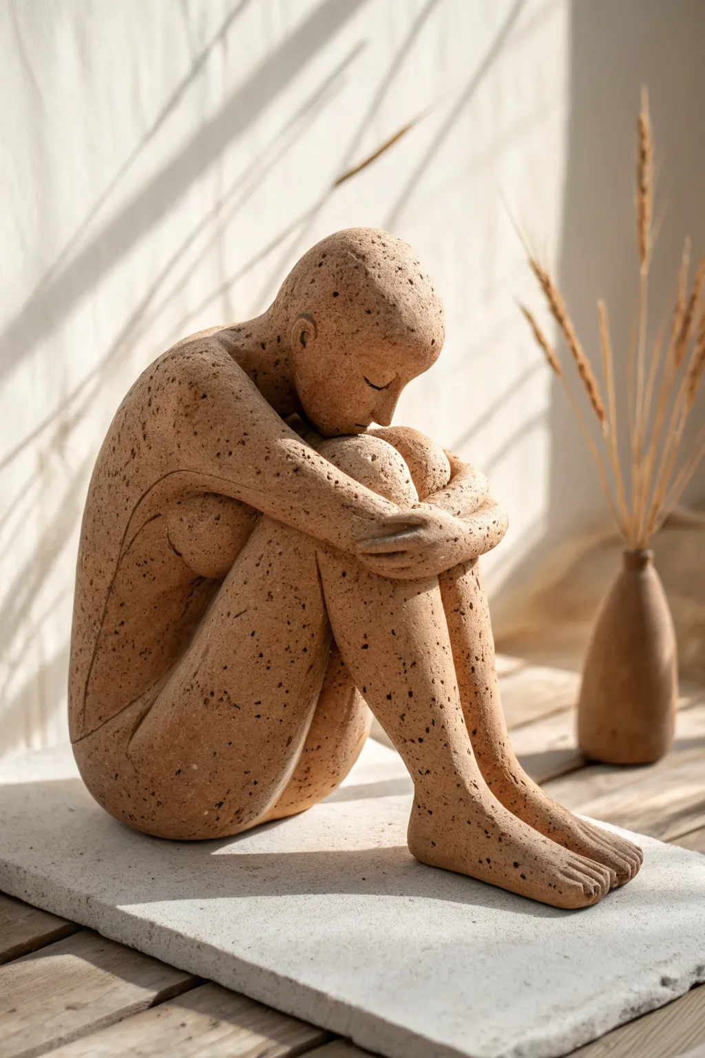 Minimal clay figure hugging knees, calm silhouette, warm terracotta tones and soft boho contrast