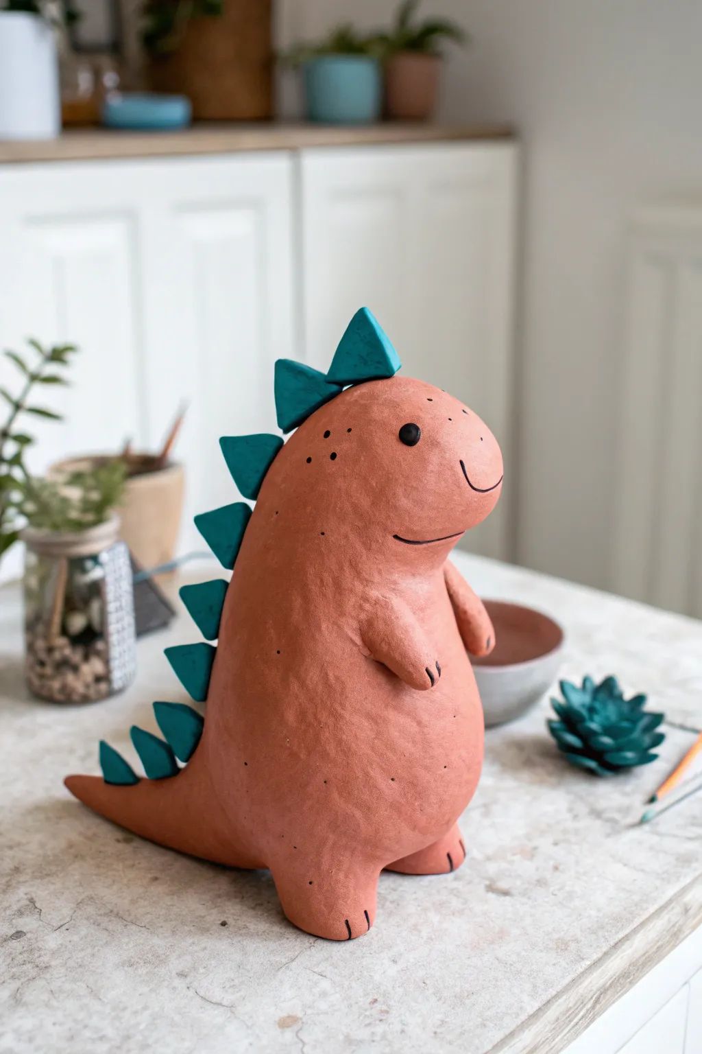 Beginner chubby dino sculpture with tiny arms and bold spikes, perfect for minimalist clay decor