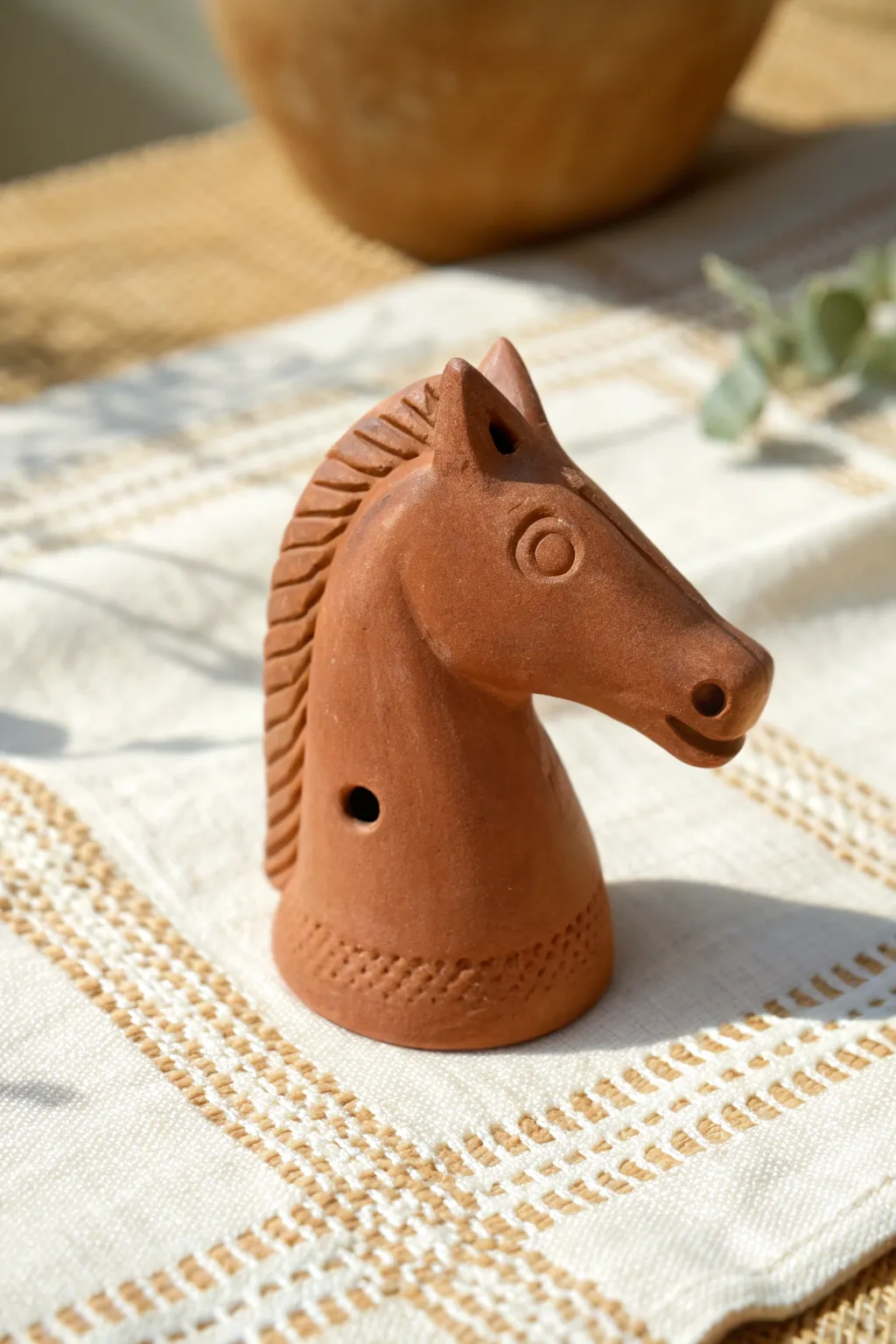Minimalist horse head clay whistle with a cheek tone hole, bold indigo accent and crisp contrast.