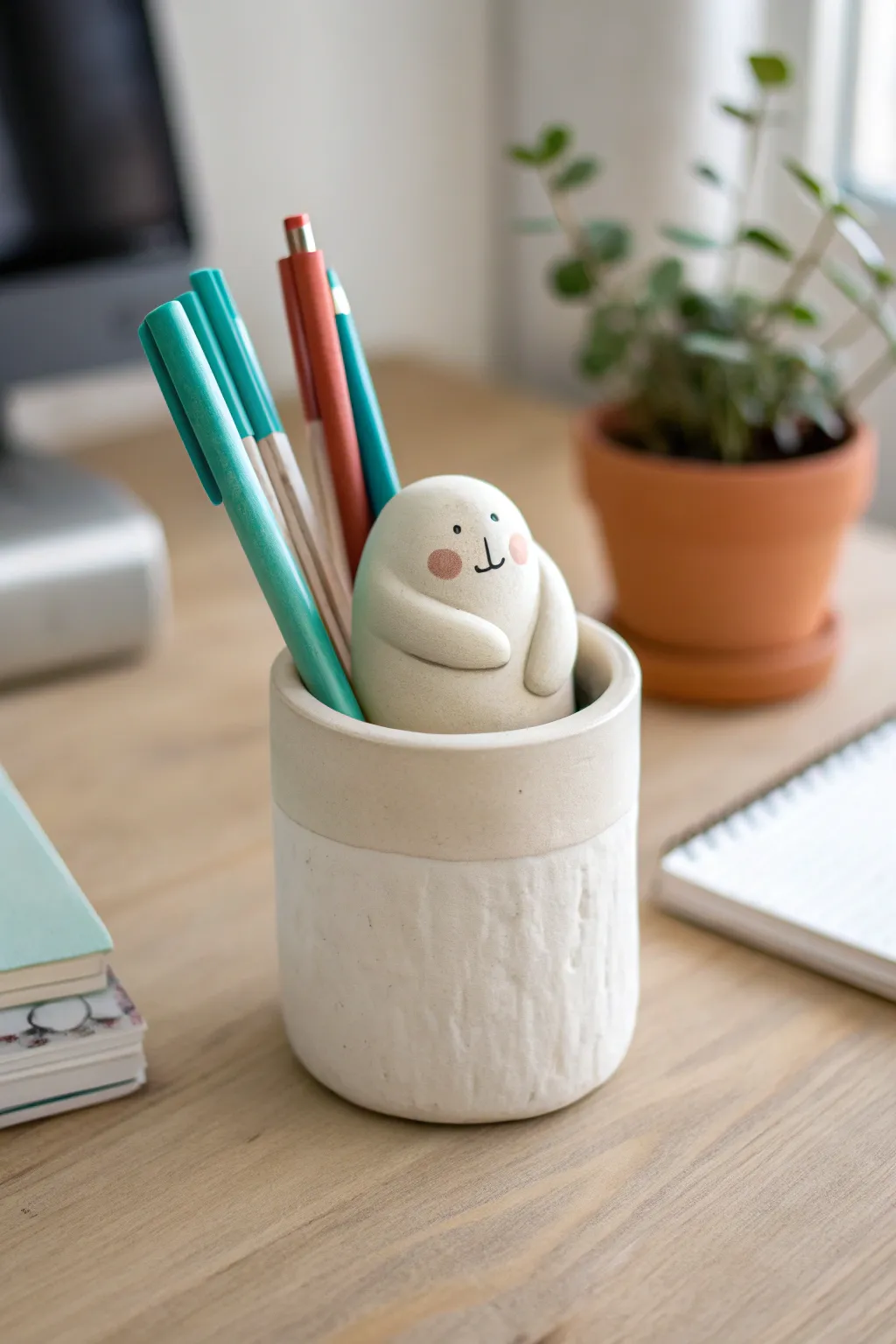 Cute clay pencil cup hugged by a chubby character, minimalist desk organizer with boho charm