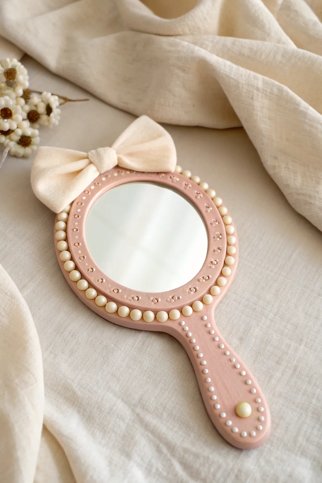 Soft pink pearl-trim mirror frame with a sweet bow, minimalist coquette clay decor.