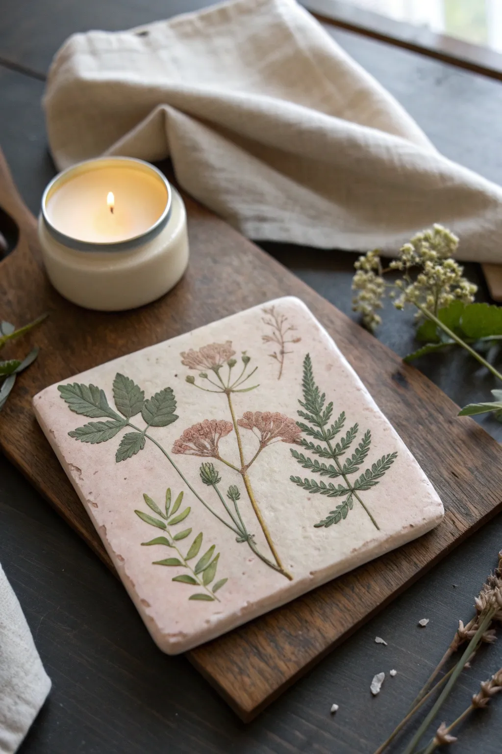 Soft clay tiles with wildflower imprints bring cottagecore charm to a minimalist tabletop.