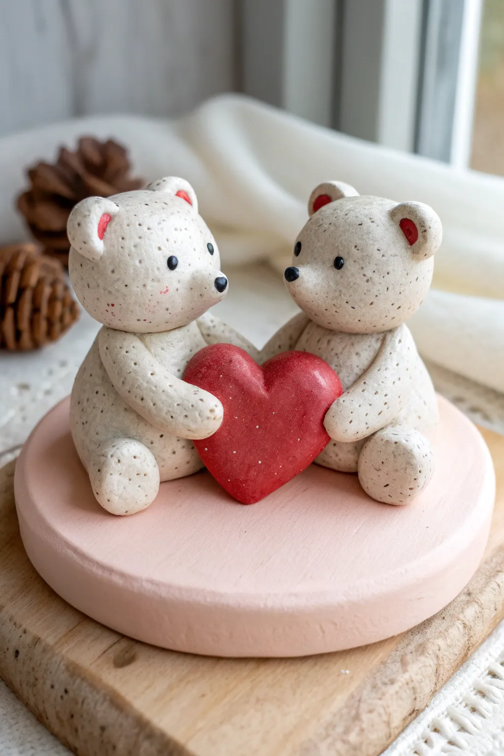 Sweet clay bear couple sharing one red heart, minimalist Scandinavian charm with a boho touch