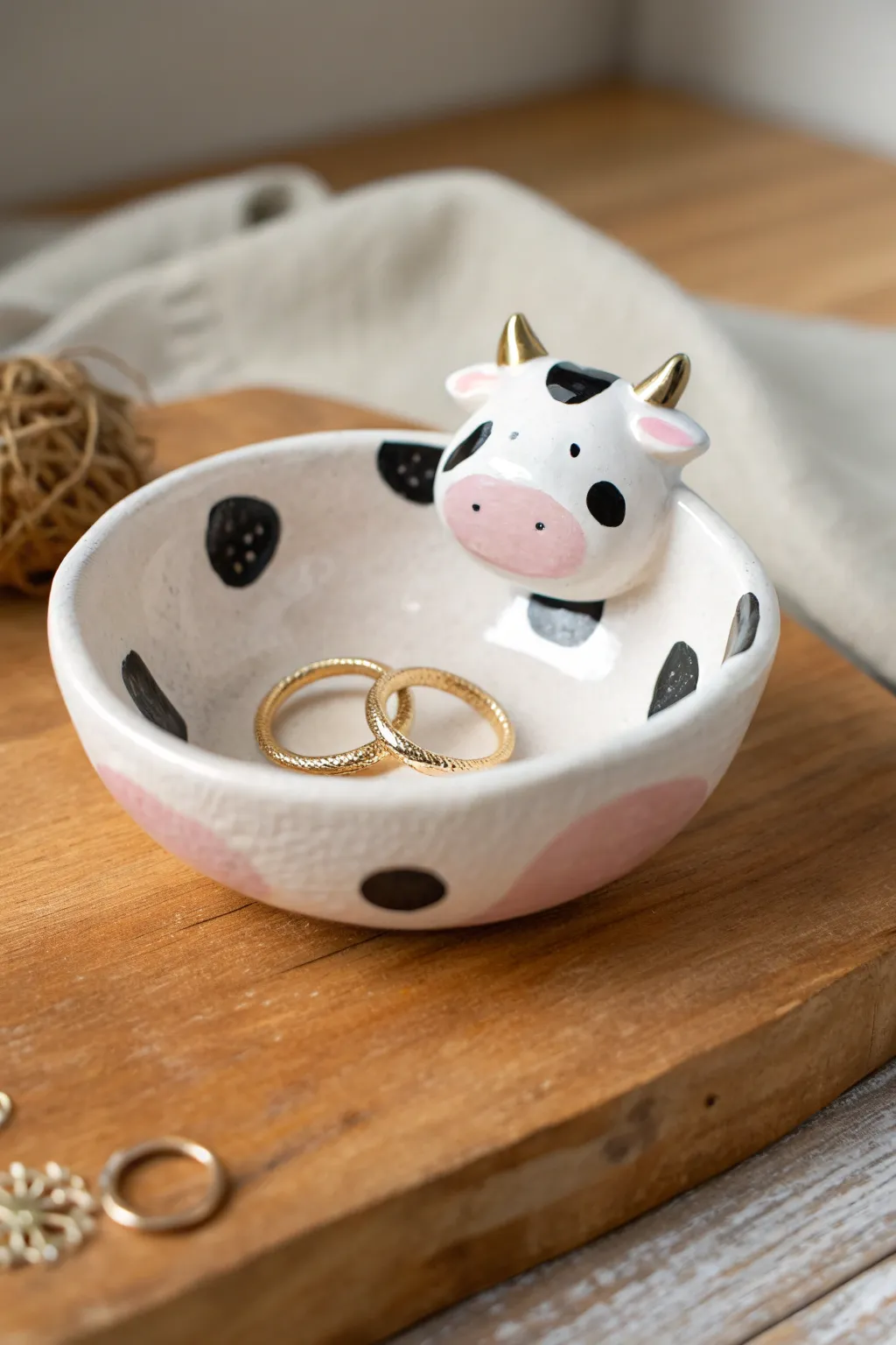 Cow pinch pot trinket bowl: simple cow-head design with pink snout, perfect for rings.