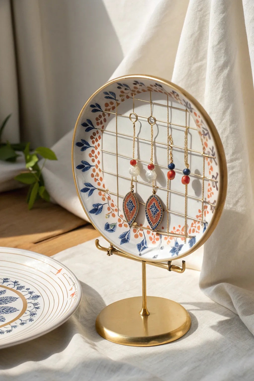 Vintage china plate turned into a striking upright earring holder for a calm, boho vanity