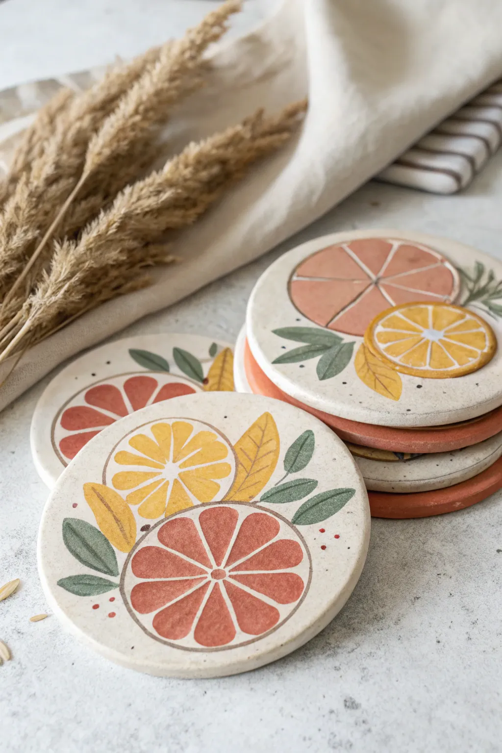 Cheerful clay coasters in floral and citrus designs, stacked for a bright handmade accent.