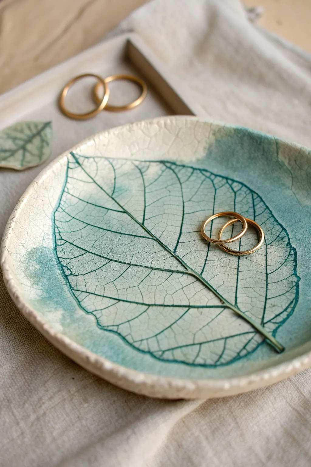 Leaf-imprint air dry clay trinket plate with a soft teal wash, a pretty minimalist jewelry catchall