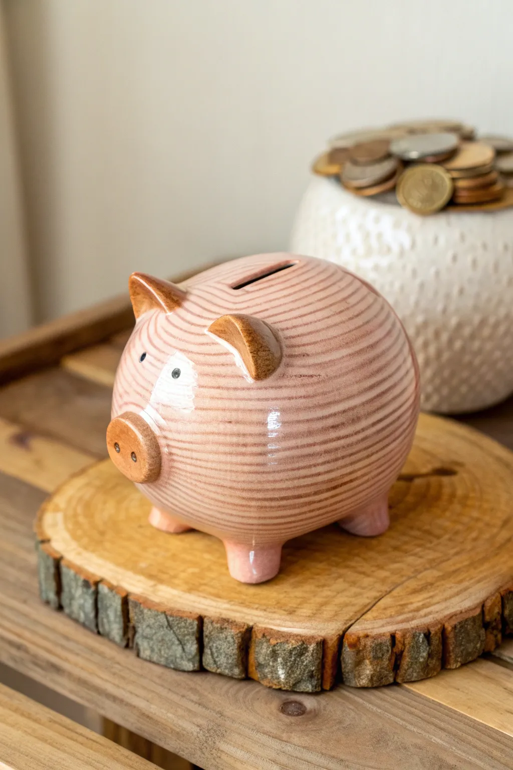 Chunky coil-built pig bank in glossy rose glaze, simple, sturdy, and beautifully handmade