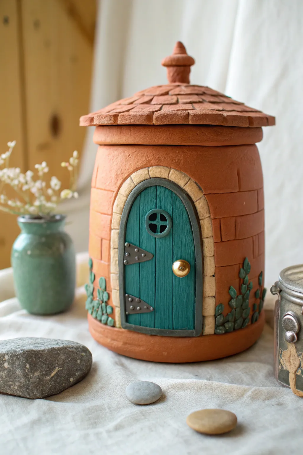 Clay fairy door jar with tiny knob and hinges, bold teal on warm terracotta, simple and magical.