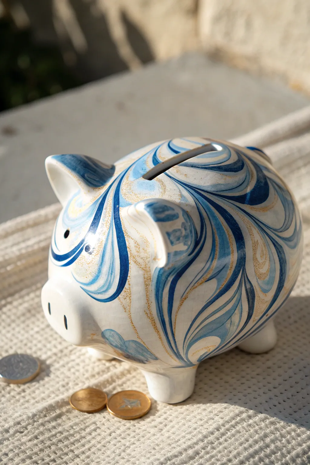 Glossy marbled piggy bank in bold blue and white, modern swirls with a clean minimalist vibe