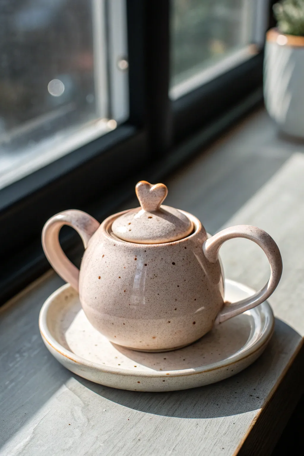 Heart-handled blush clay teapot on a simple saucer, minimalist boho charm for cozy tea rituals.