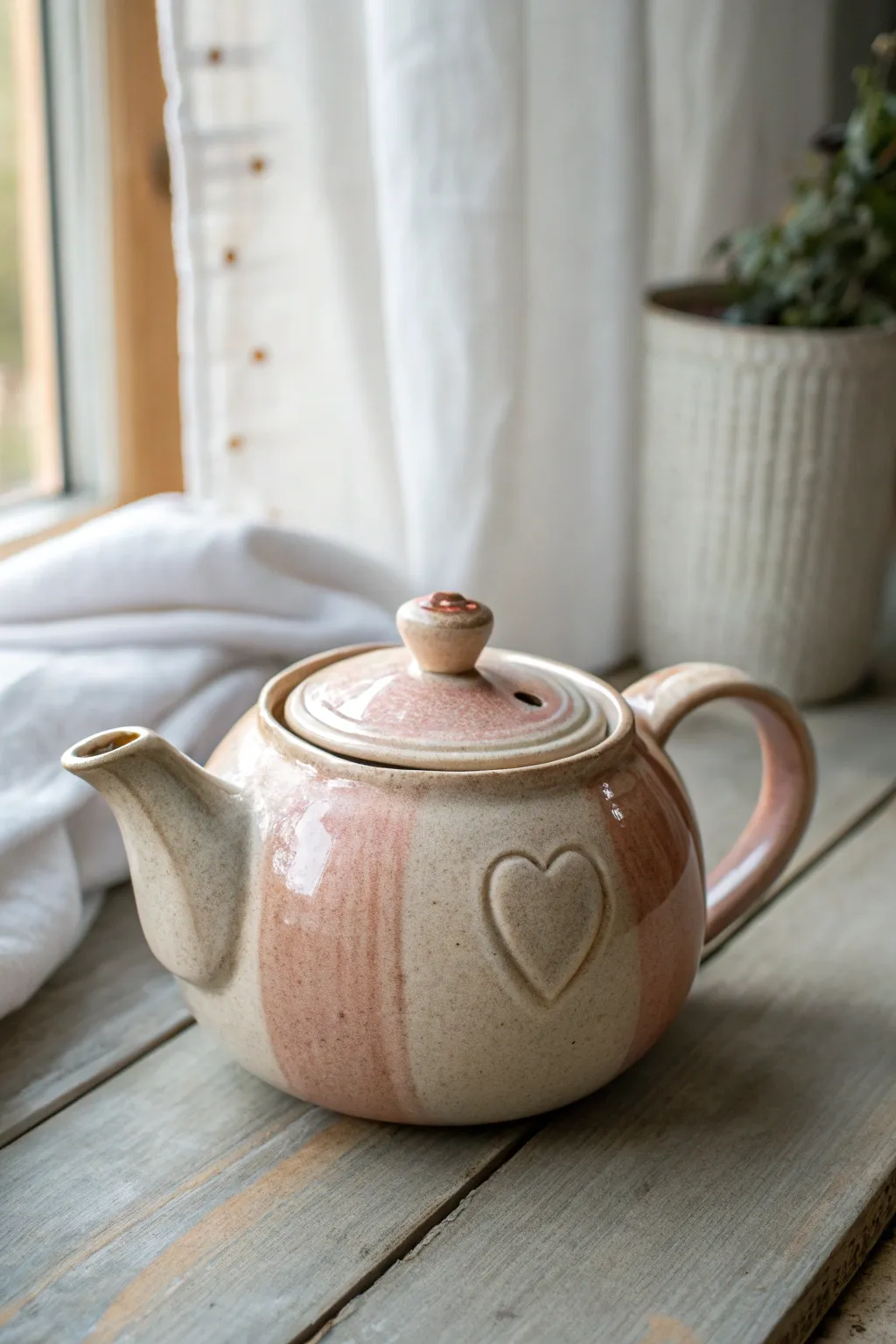 A minimalist teapot with heart details in rosy glaze, blending cozy romance with clean lines