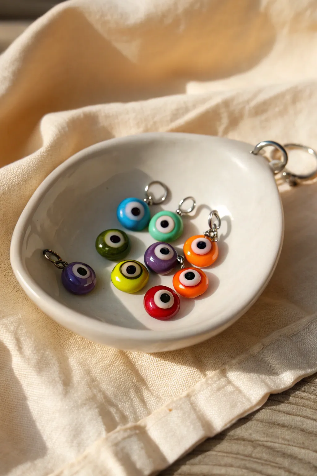 Glossy handmade eyeball charms with bold irises and subtle veining on a neutral minimal backdrop
