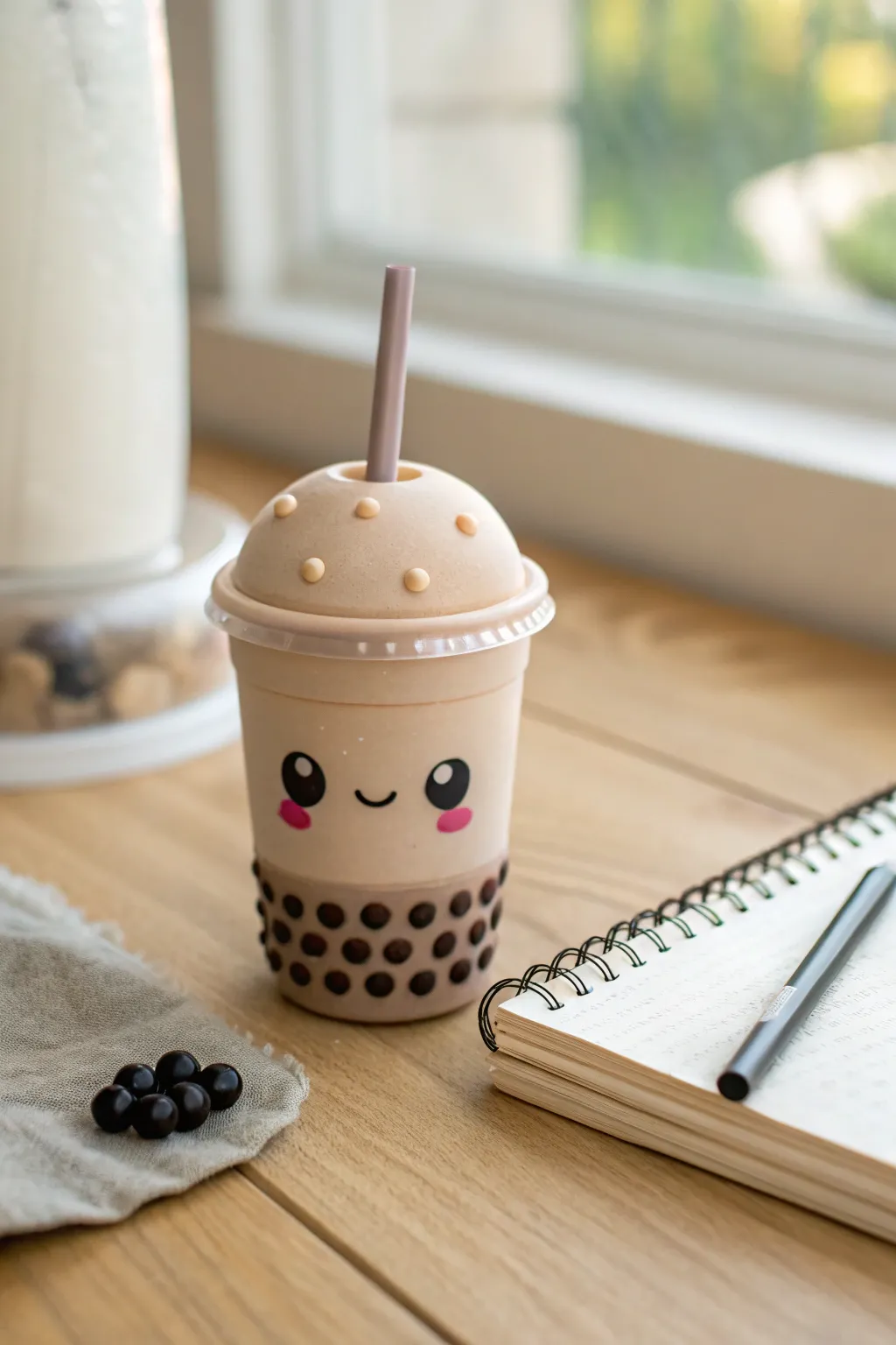 Adorable air-dry clay boba cup desk buddy with glossy pearls, perfect for a cozy workspace.