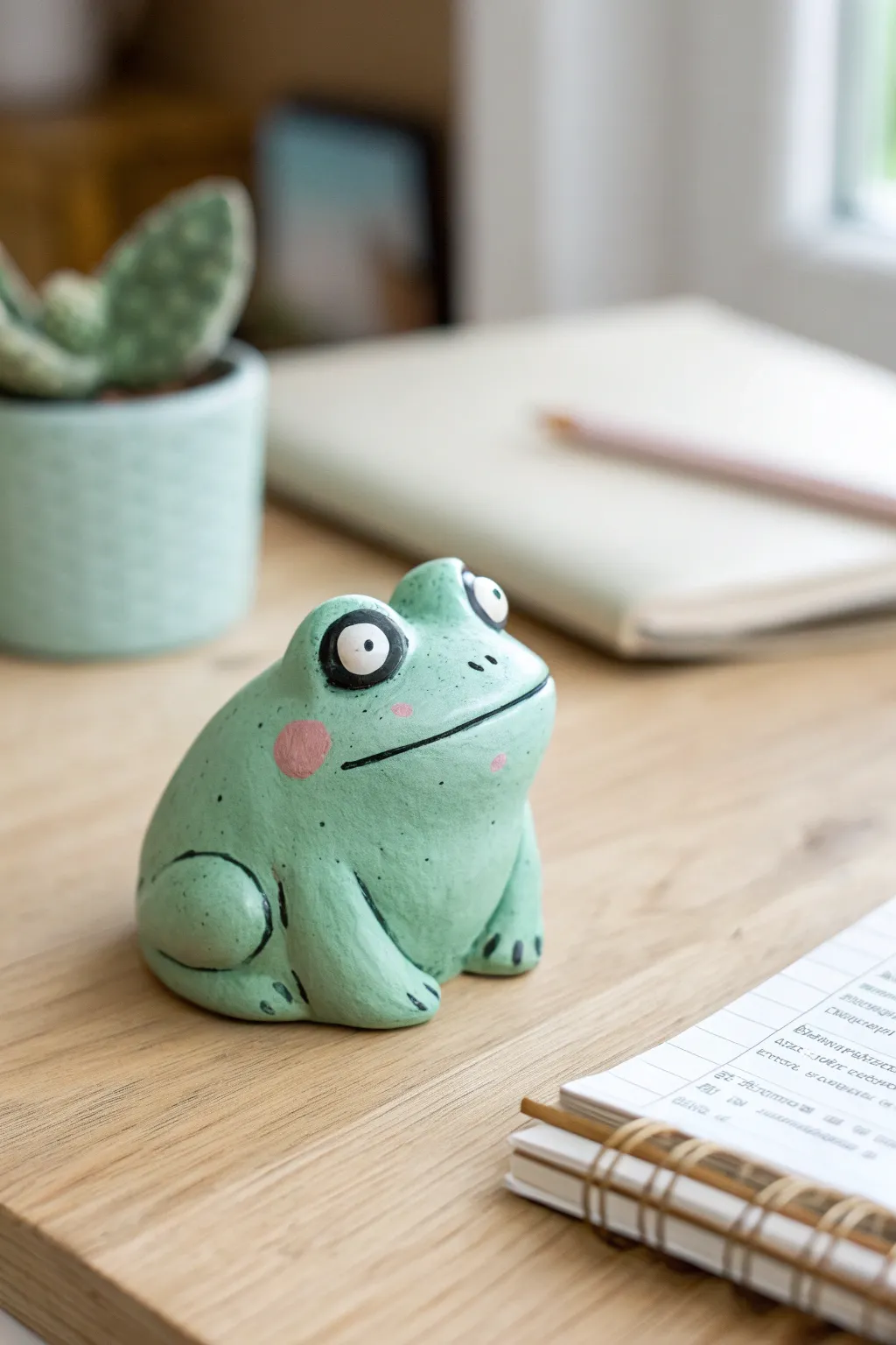 Mint green clay frog with rosy cheeks, a cute minimalist desk buddy with cozy boho vibes