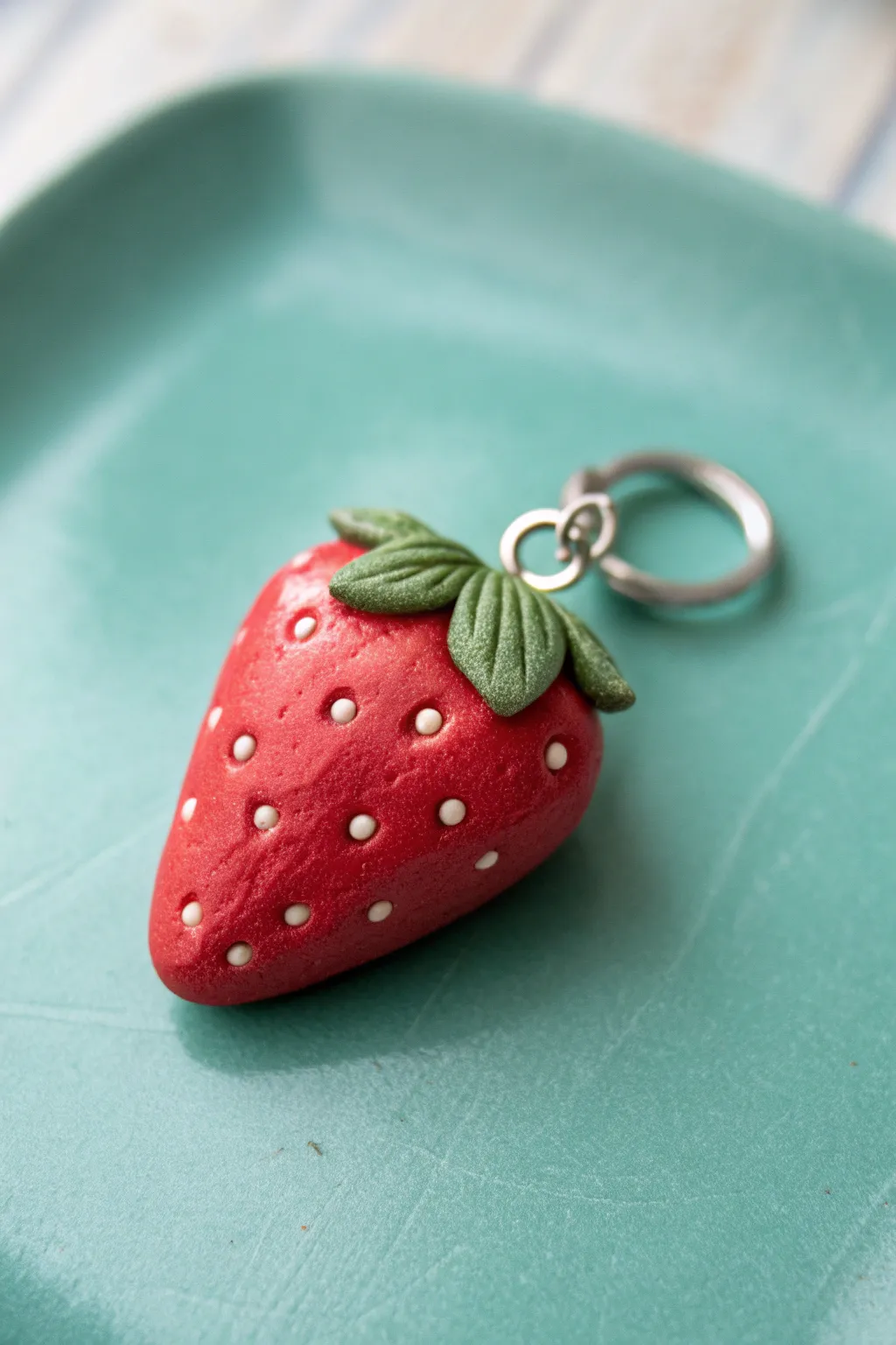 Beginner air dry clay strawberry charm with dotted seeds, styled minimal on a mint pastel background.