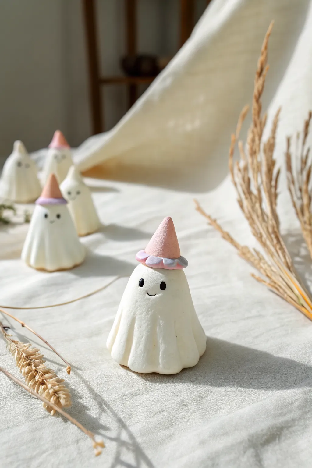 Cute mini ghost with a tiny pastel hat, perfect playful air dry clay decor for your shelf