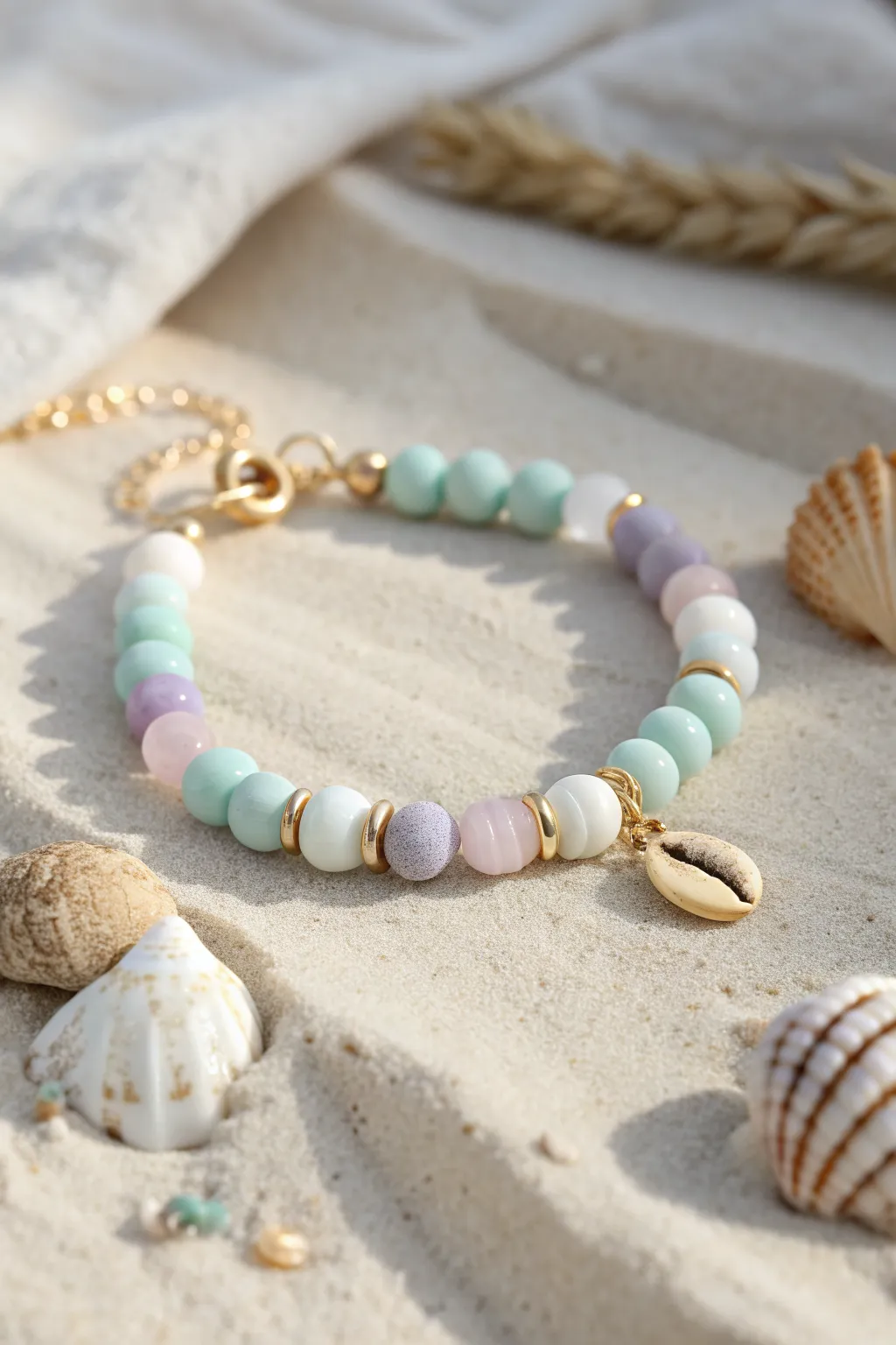 Dreamy sea-glass pastels on a simple clay disc bead bracelet, beachy and minimalist.