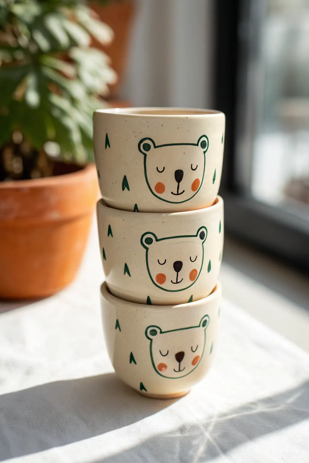 Stacked bear-face cups form an adorable little totem, minimalist, bold, and handmade-cute.