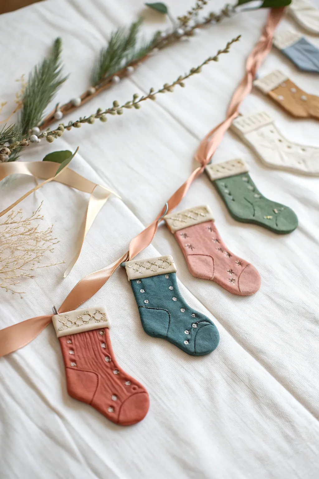 Handmade clay stocking appliqué garland in bold holiday colors, cute for gifts and decor