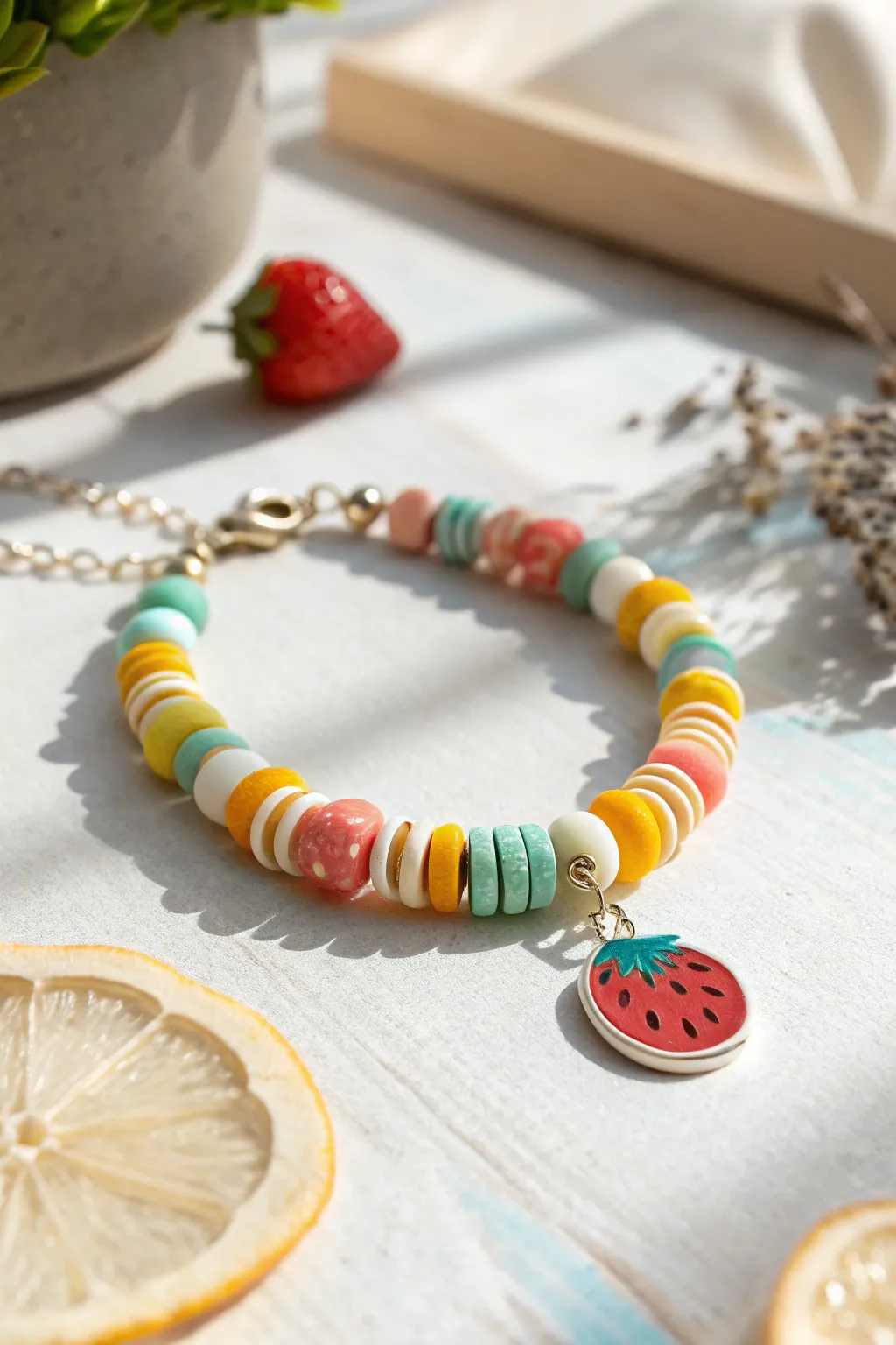 Sunny clay disc bracelet with a sweet fruit charm centerpiece, minimal, bright, and easy to DIY