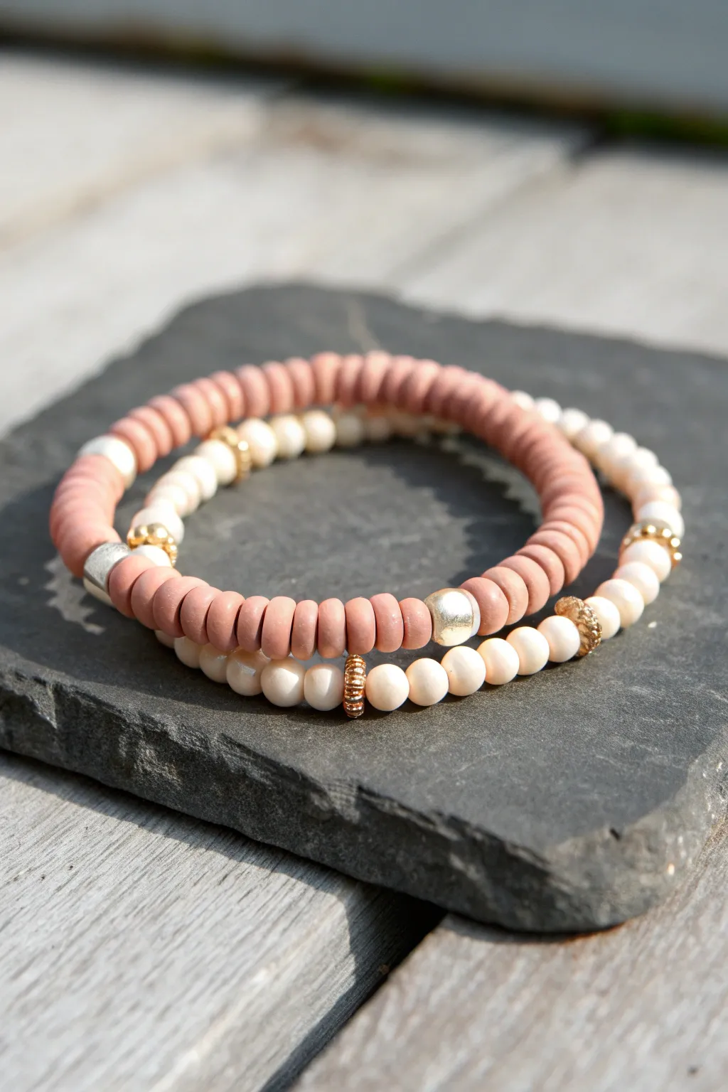 Soft glam stack: blush heishi and pearls for an easy cute clay bead bracelet look