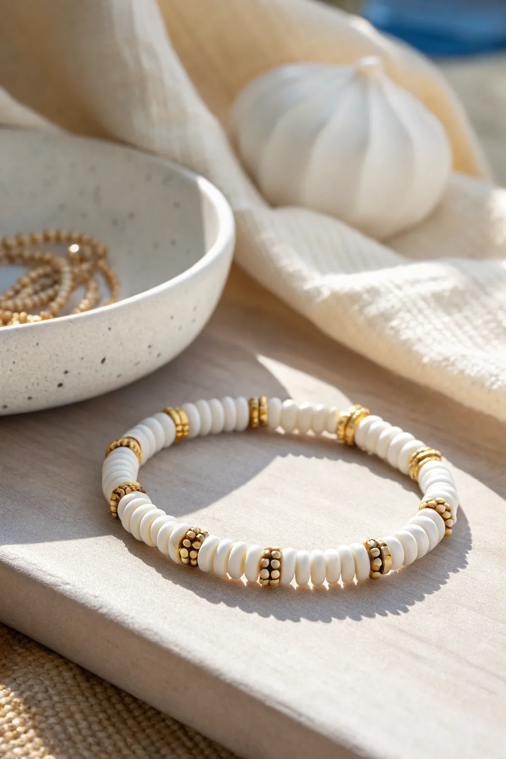 All-white heishi clay beads with gold spacers for a chic, minimal wrist stack.