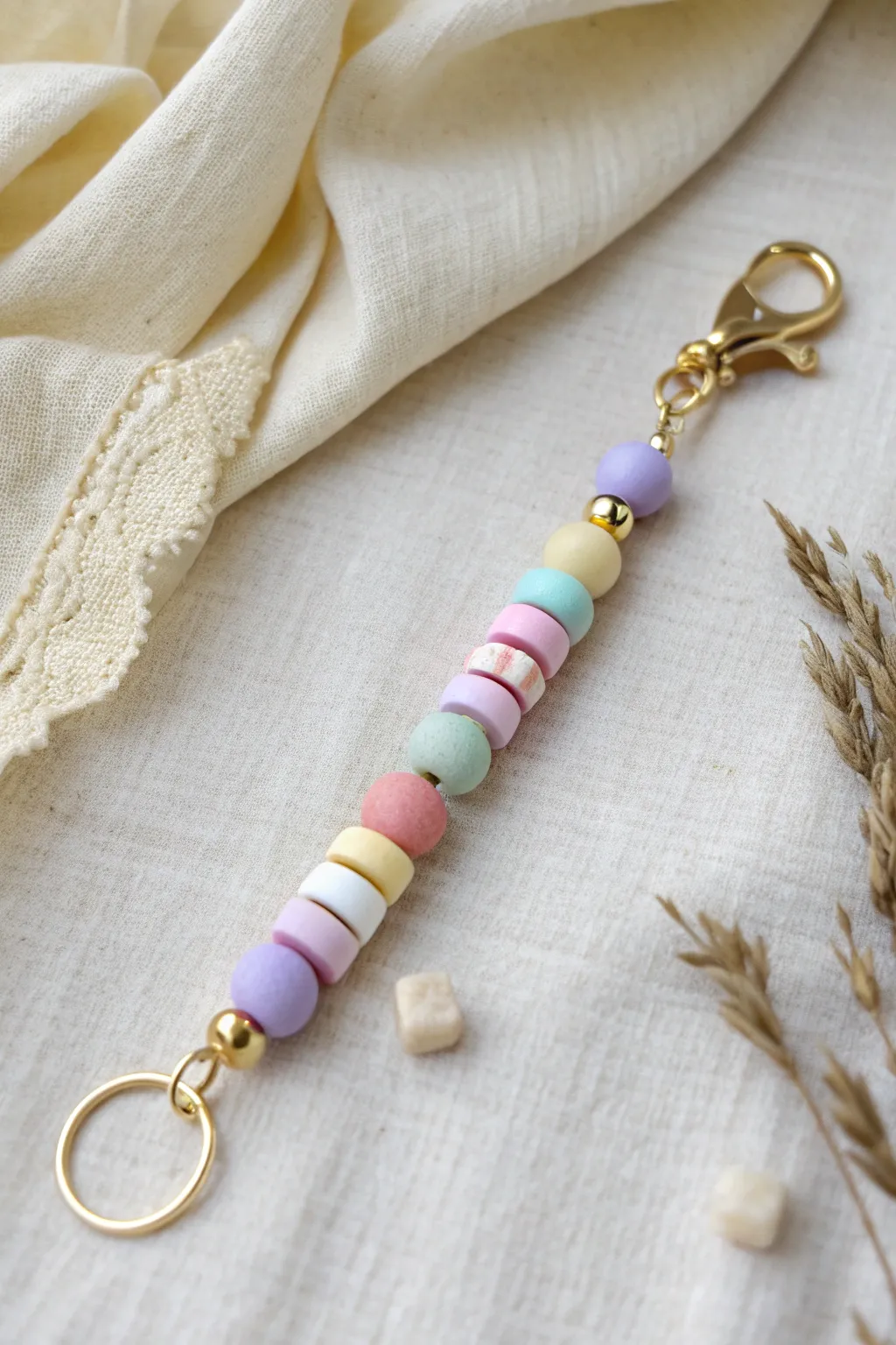 Soft pastel heishi keychain with checkerboard clay accents, minimalist boho charm with crisp contrast