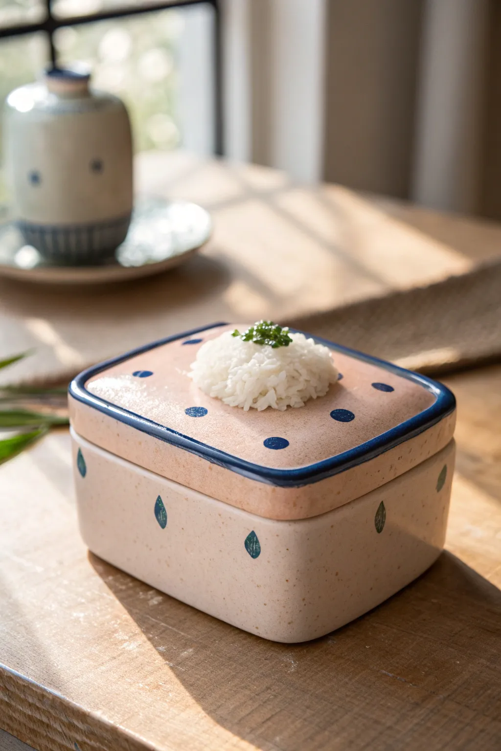 Bento-style clay box with tiny rice and veggie toppers, minimalist lines and bold color contrast.