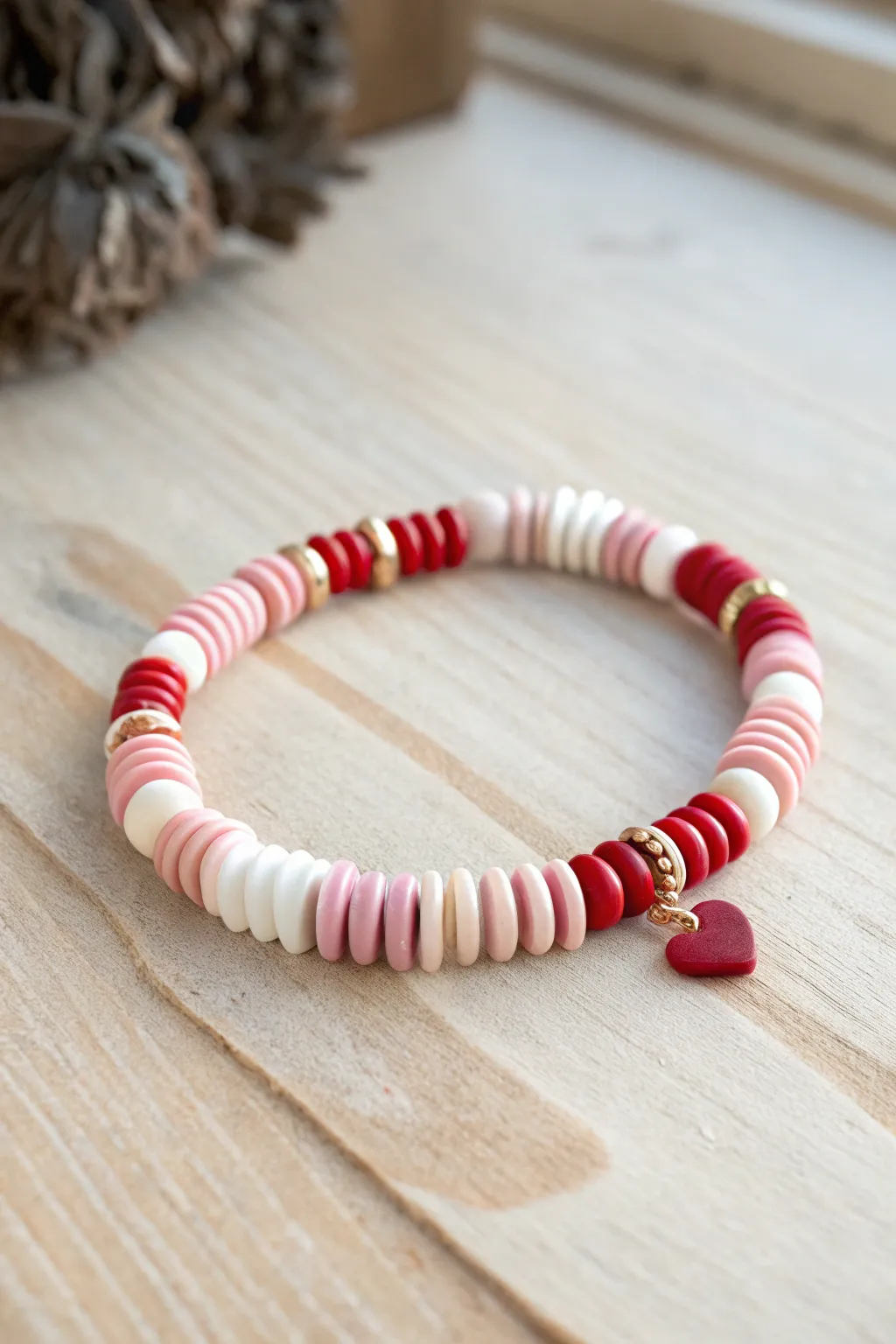 Sweetheart stripes: pink, red and white clay disc beads with a tiny heart centerpiece.