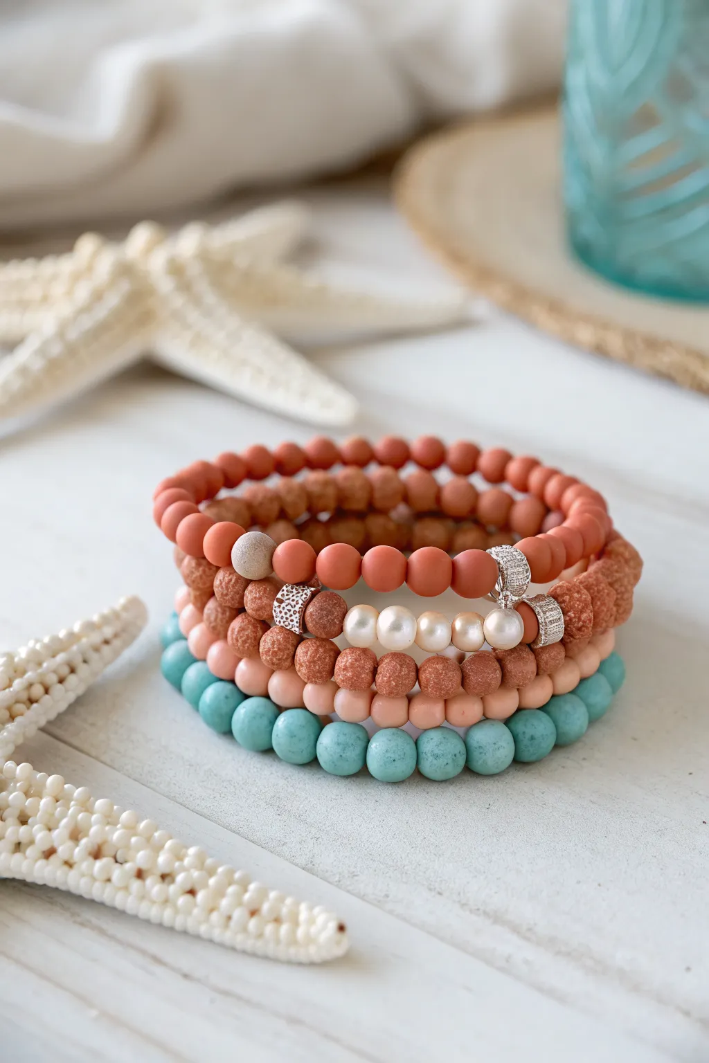 Beachy clay and pearl bracelets with sea-glass accents for an effortless summer boho look