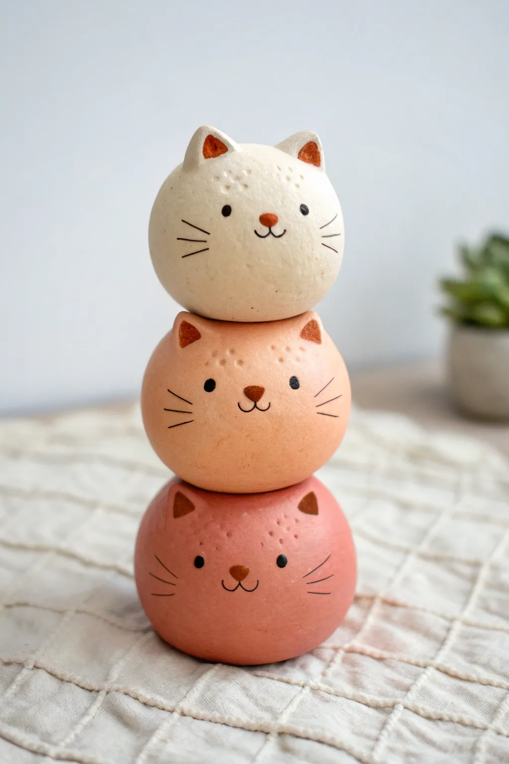 Stacked round kitty totem in ombre clay, minimalist + boho vibes for cute cat lovers.