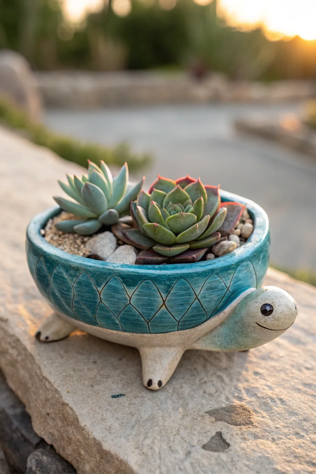 Turtle shell succulent planter in terracotta and teal, a simple cute clay container idea