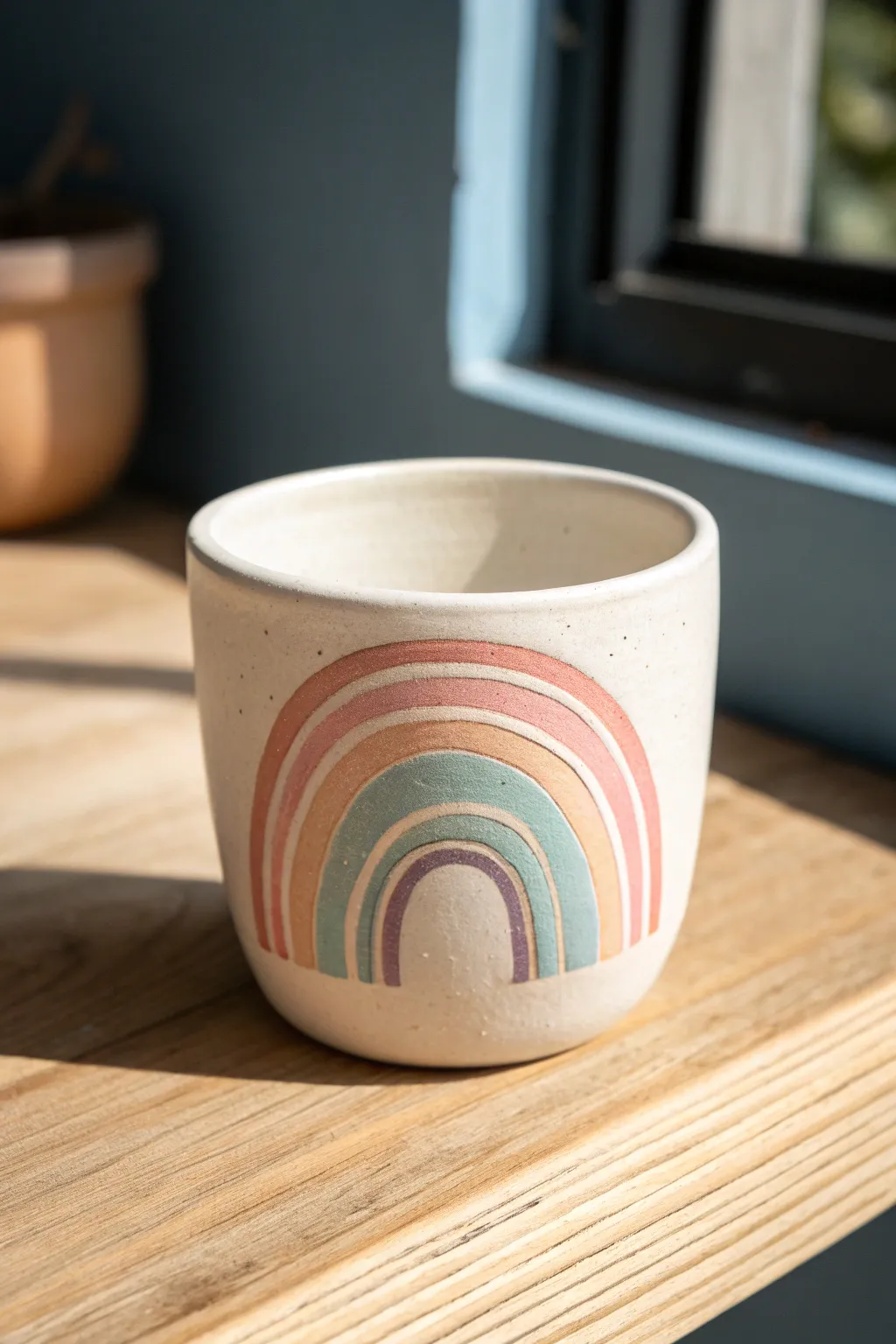 Minimal Scandinavian clay cup with a raised pastel rainbow arch, simple, sweet, and bold.