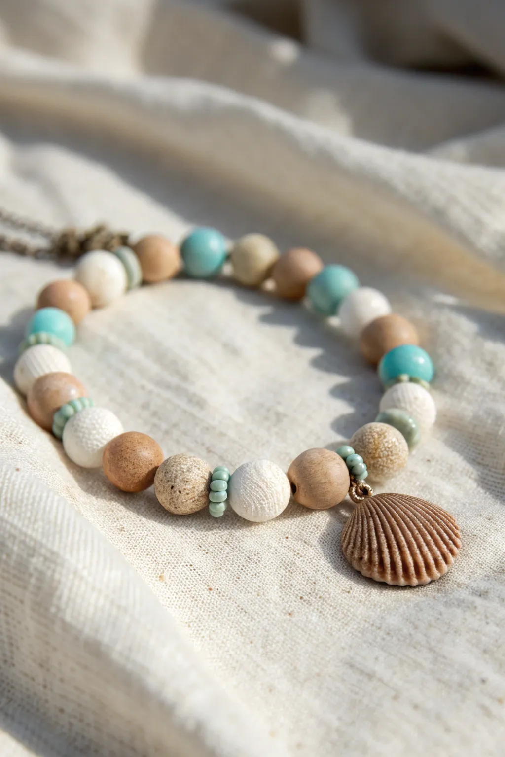 Beachy clay bead bracelet in sandy neutrals and aqua, finished with a simple shell accent.