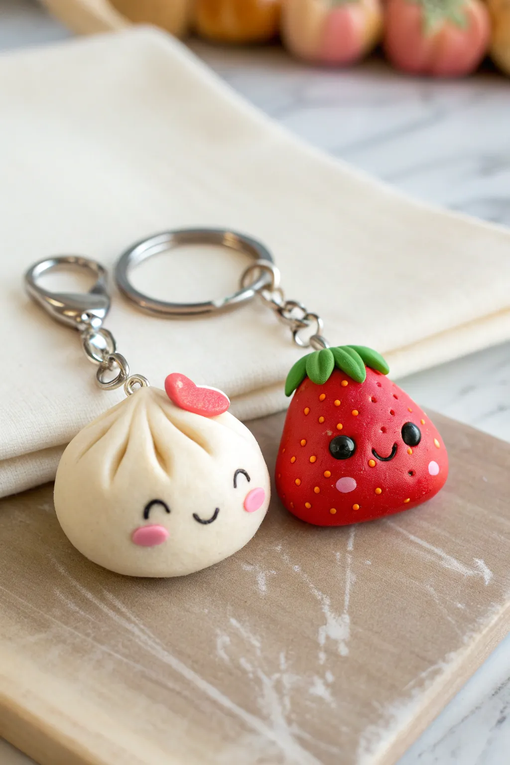 Matching snack character charms for a cute clay date: a sweet dumpling and strawberry duo