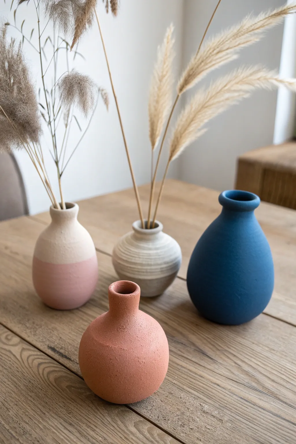 Tiny sweet-shaped bud vases with dried stems, minimalist boho accents, cozy daylight.