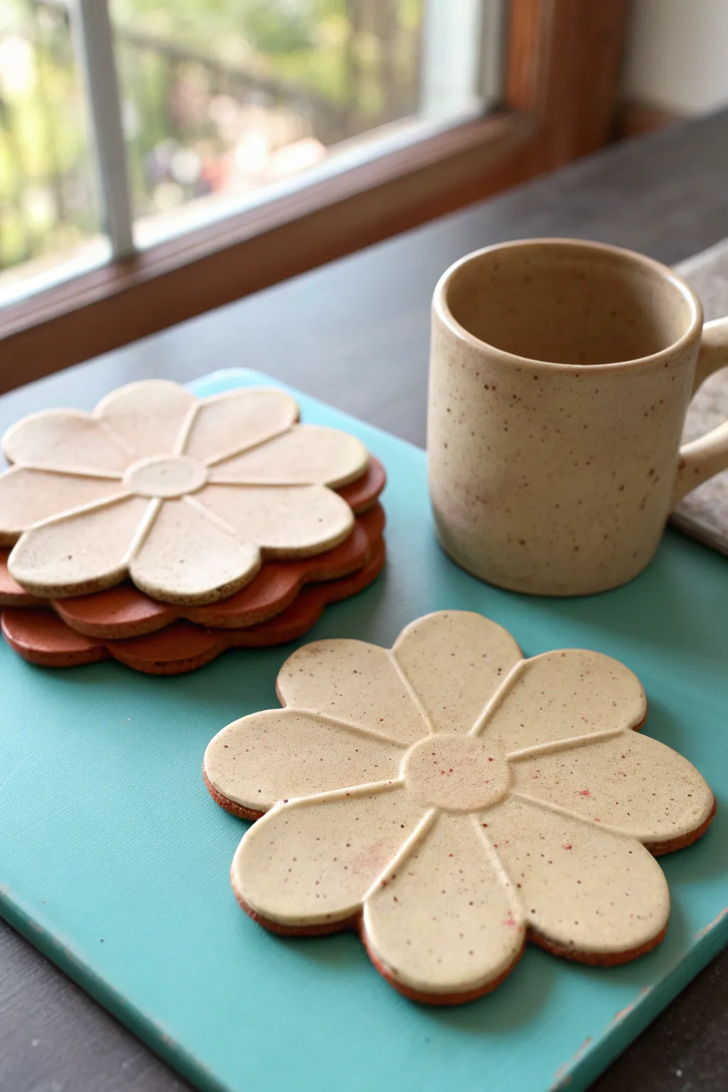 Creamy flower coasters with simple petals bring soft boho charm to a bright minimal table.