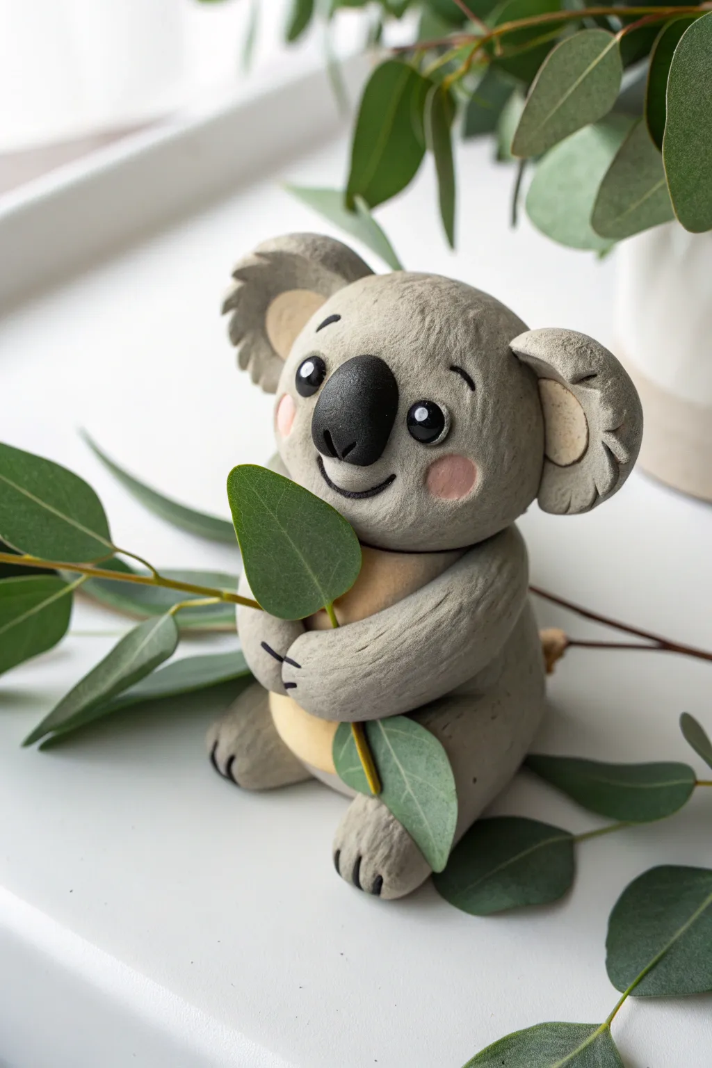 Sweet clay koala hugging a fresh green leaf, minimalist and cozy with bold contrast