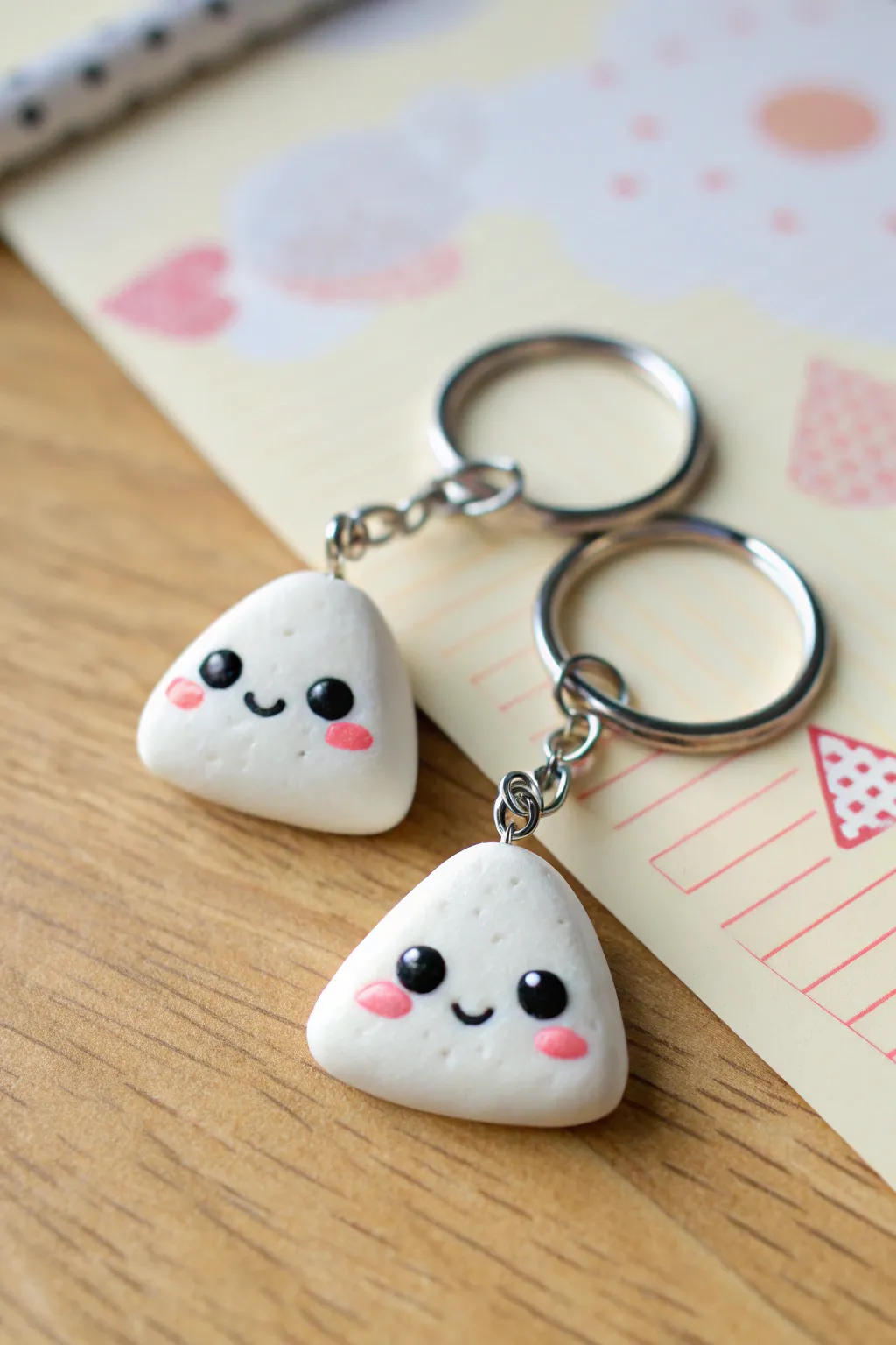 Adorable onigiri clay keychains with tiny faces and seaweed bands, minimalist and sweet