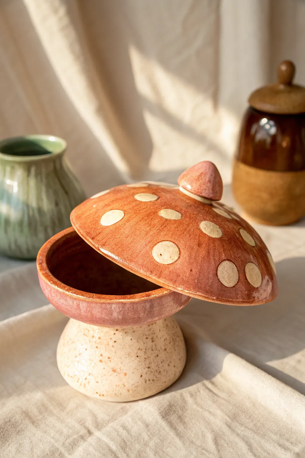 Warm-toned mushroom trinket box, slightly open to reveal a cozy little hiding spot.