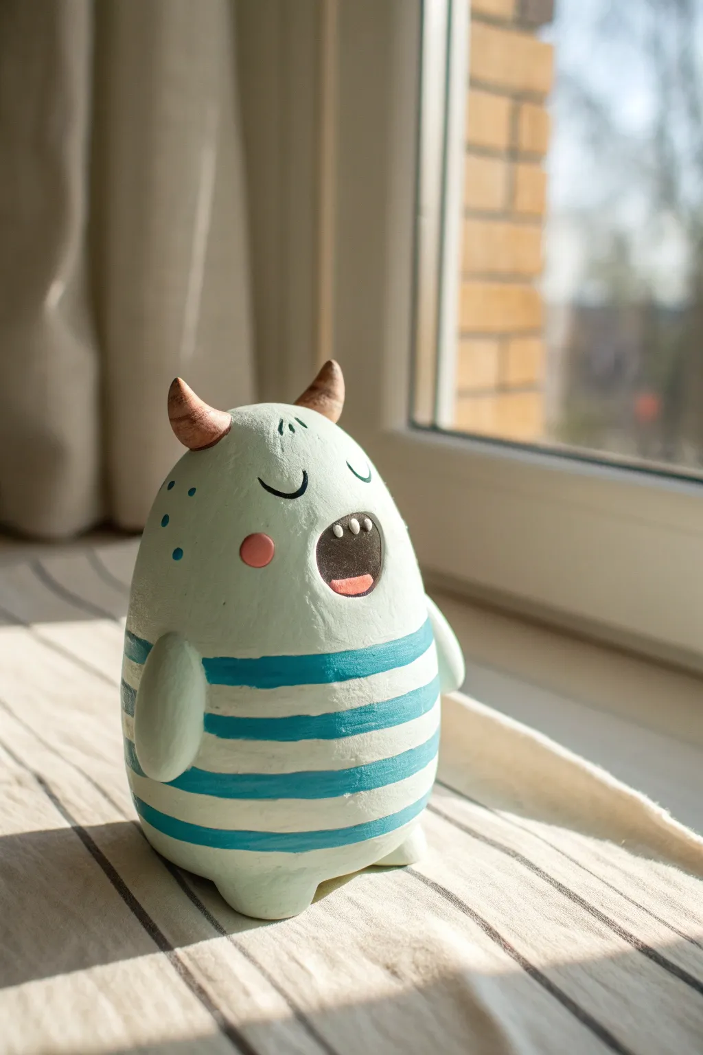 Sleepy pebble monster with closed eyes and a tiny yawn, perfect for an easy cute clay project.