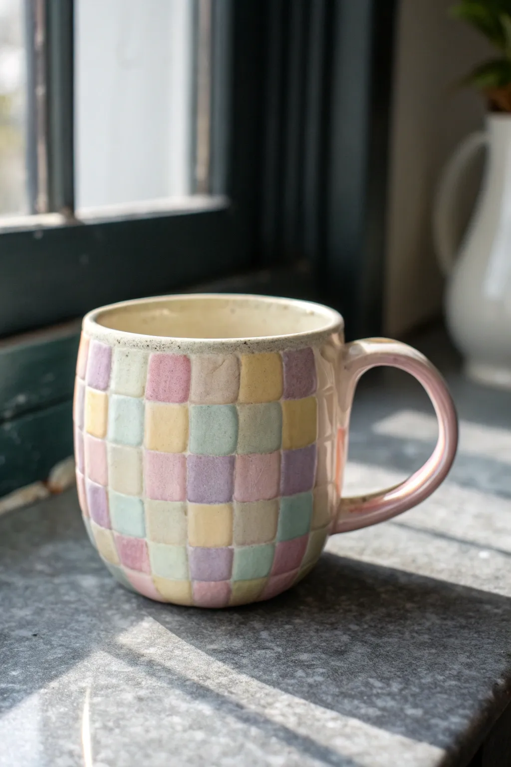 Wavy pastel checkerboard mug with glossy glaze and handmade rim, minimalist Scandinavian charm.