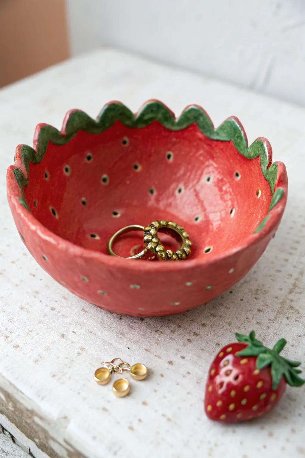 Sweet strawberry pinch pot berry bowl, bold red clay, leafy rim, tiny charms tucked inside