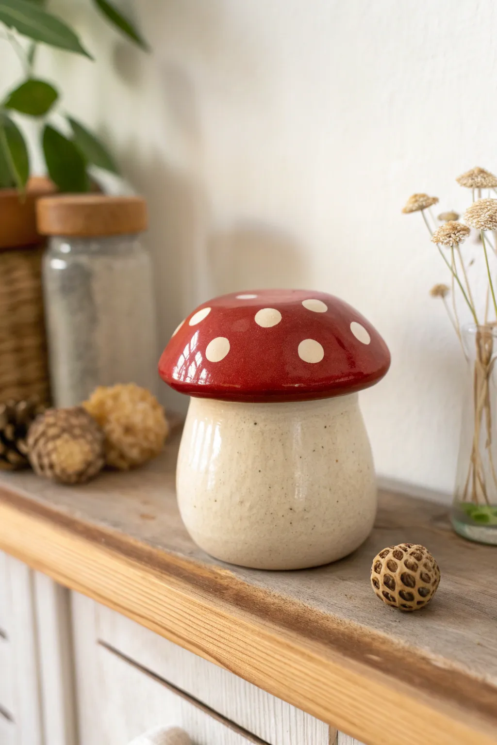 Mini mushroom lidded jar in warm red and cream, a cute and simple clay pottery idea