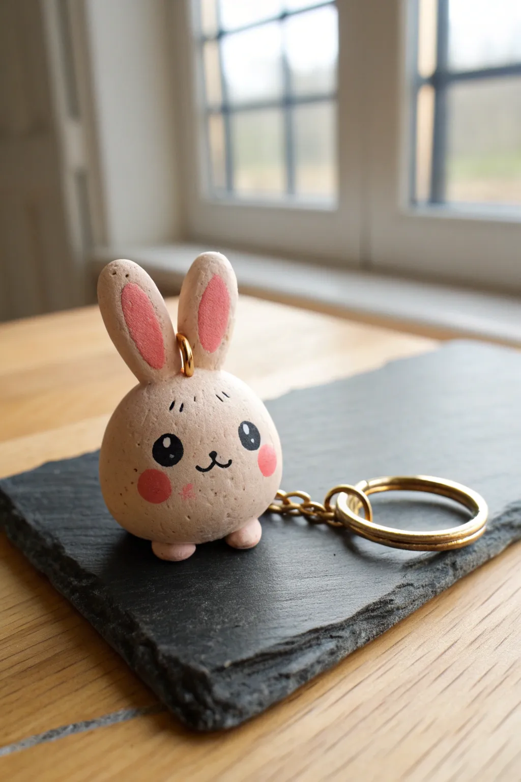 A pastel bunny keychain charm with bold cheeks, minimalist and beginner friendly for cute clay projects